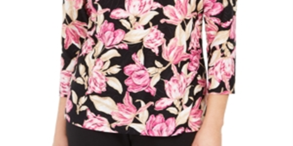JM Collection Blusa texturizada estampada com guirlanda, roxa, tamanho pequeno