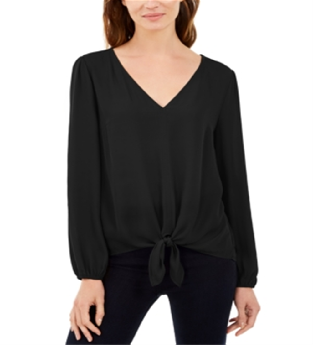 INC International Concepts Top feminino com bainha amarrada, preto, tamanho pequeno e pequeno