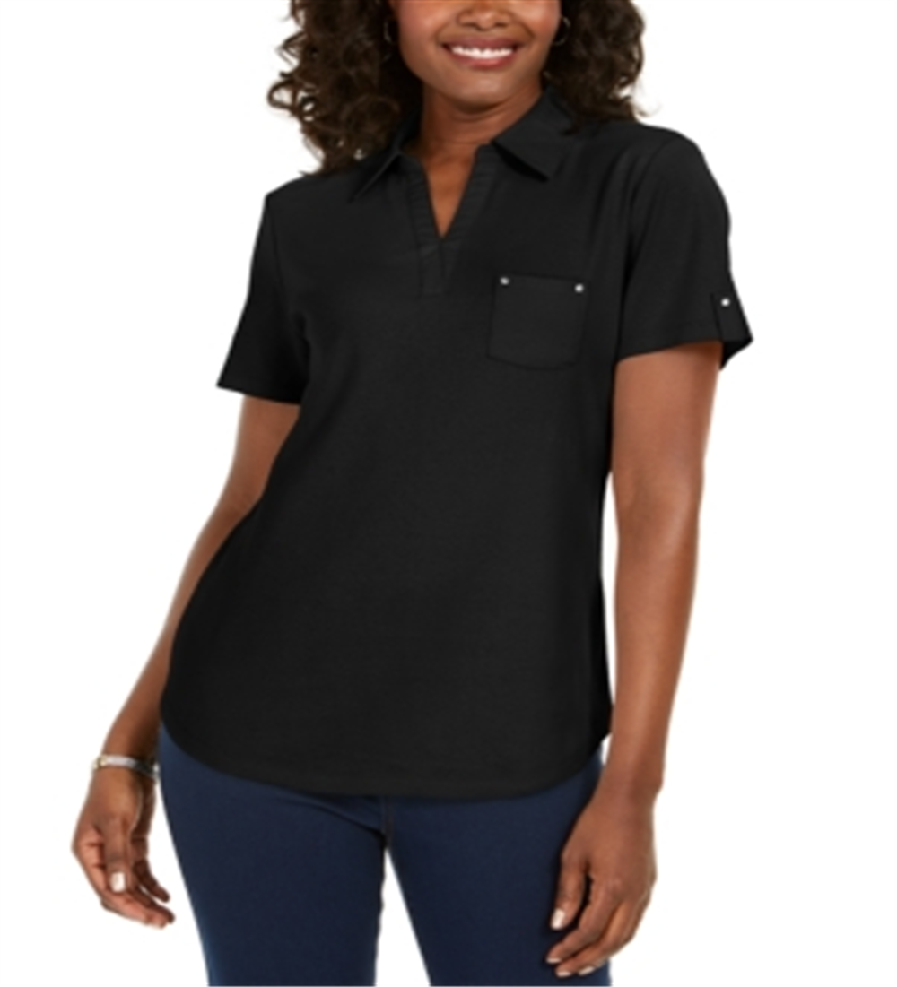 Camisa polo feminina Karen Scott de algodão, preta, tamanho médio