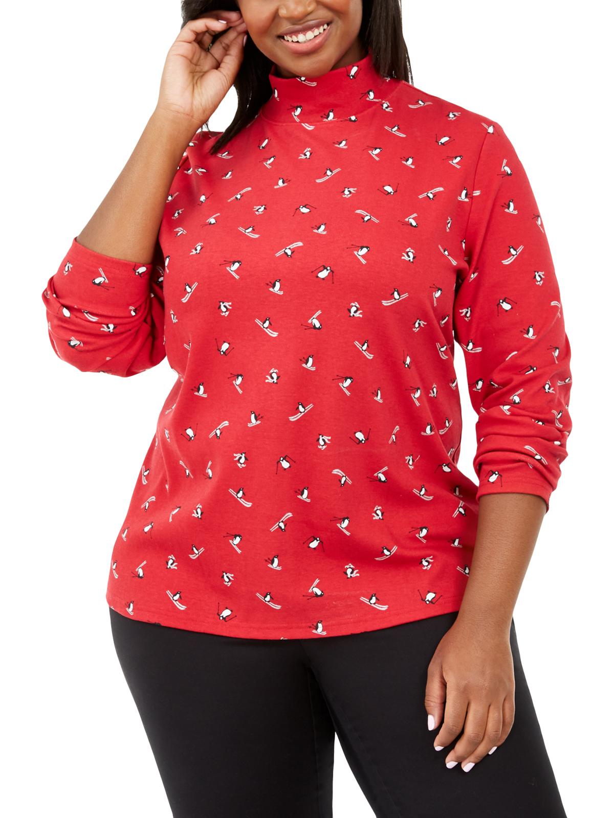 Karen Scott Blusa Feminina Plus com Estampa Glitter e Gola Alta Vermelha Tamanho 0X