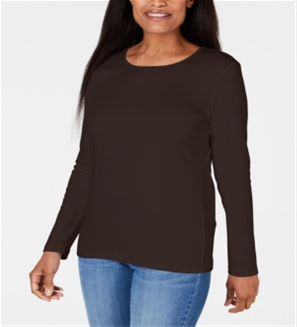 Blusa feminina Karen Scott com decote redondo e acabamento em cetim, marrom, tamanho grande