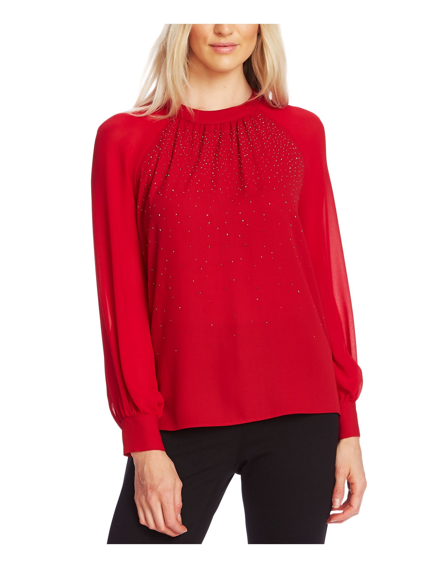 Vince Camuto Top feminino com manga transparente e detalhes em vermelho, tamanho extragrande