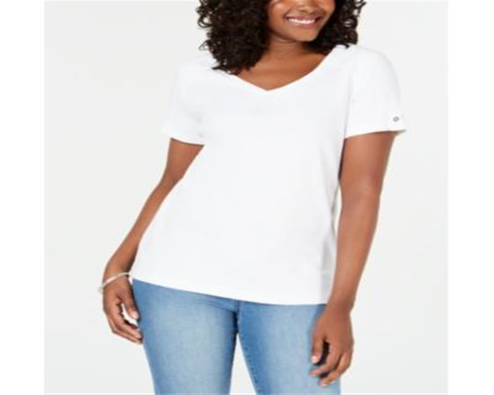 Karen Scott Blusa feminina de algodão com decote em V, branca, tamanho XX-G