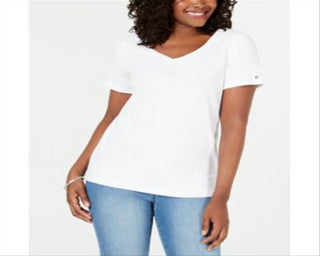 Karen Scott Blusa feminina de algodão com decote em V, branca, tamanho XX-G