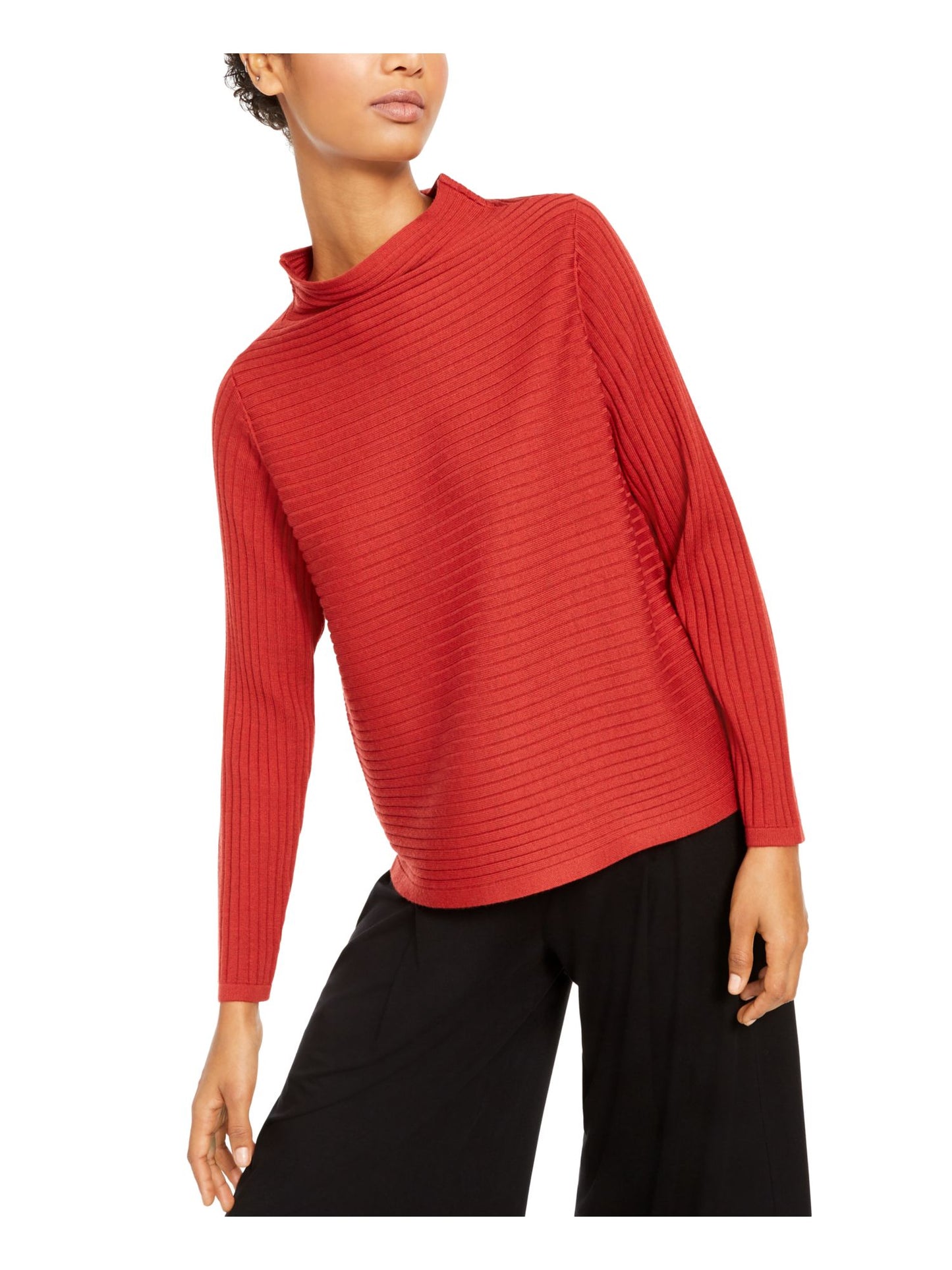 Eileen Fisher Suéter Feminino Manga Longa Canelado Vermelho Escuro Tamanho P