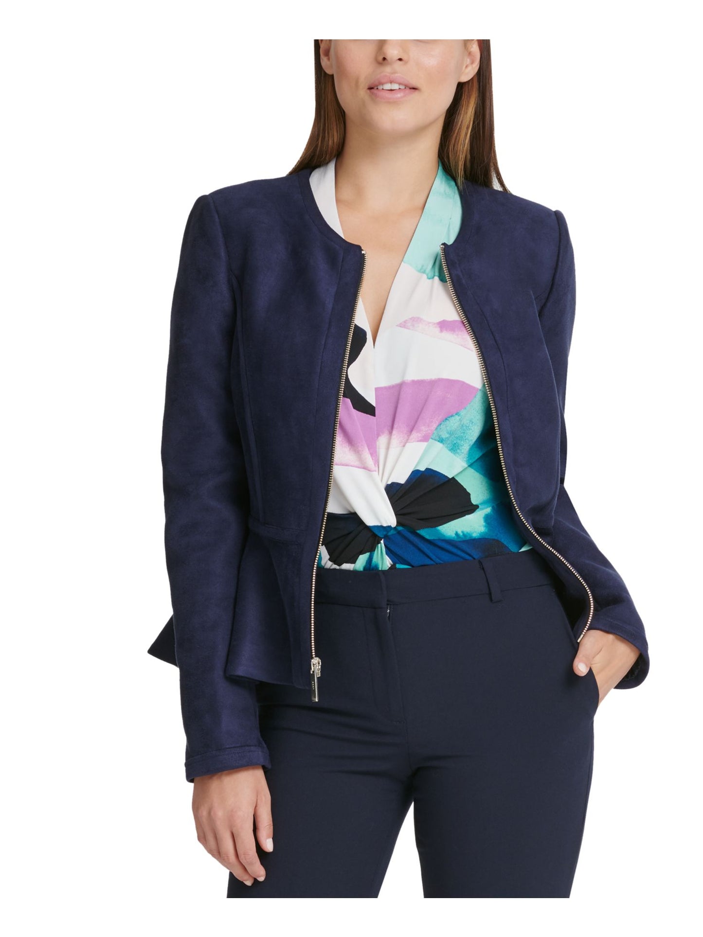 Jaqueta feminina DKNY com zíper, azul, tamanho 10, pequena