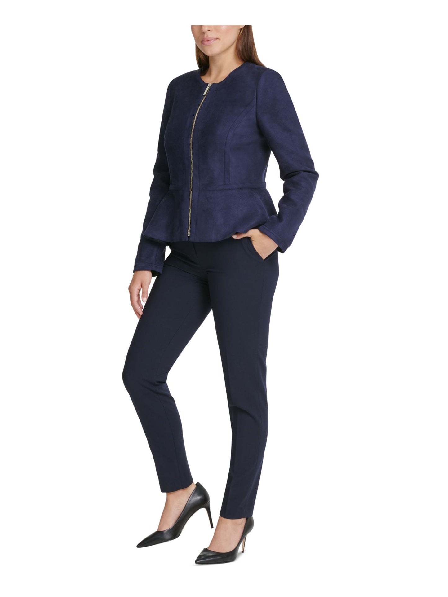 Jaqueta feminina DKNY com zíper, azul, tamanho 10, pequena