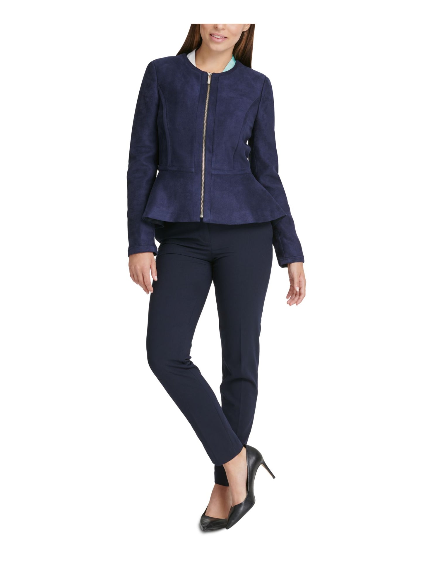 Jaqueta feminina DKNY com zíper, azul, tamanho 10, pequena