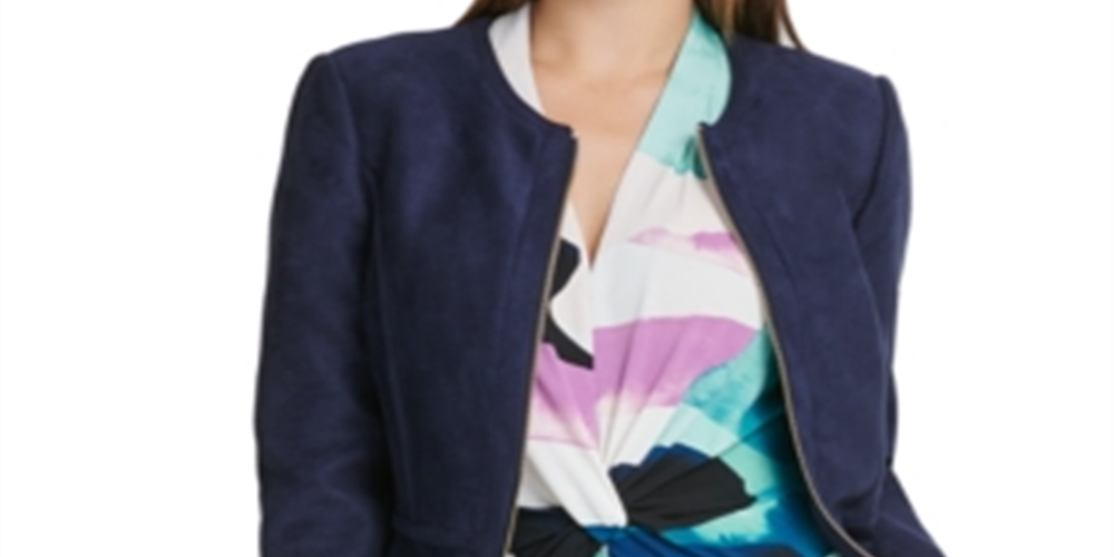 Jaqueta feminina DKNY com zíper, azul, tamanho 10, pequena