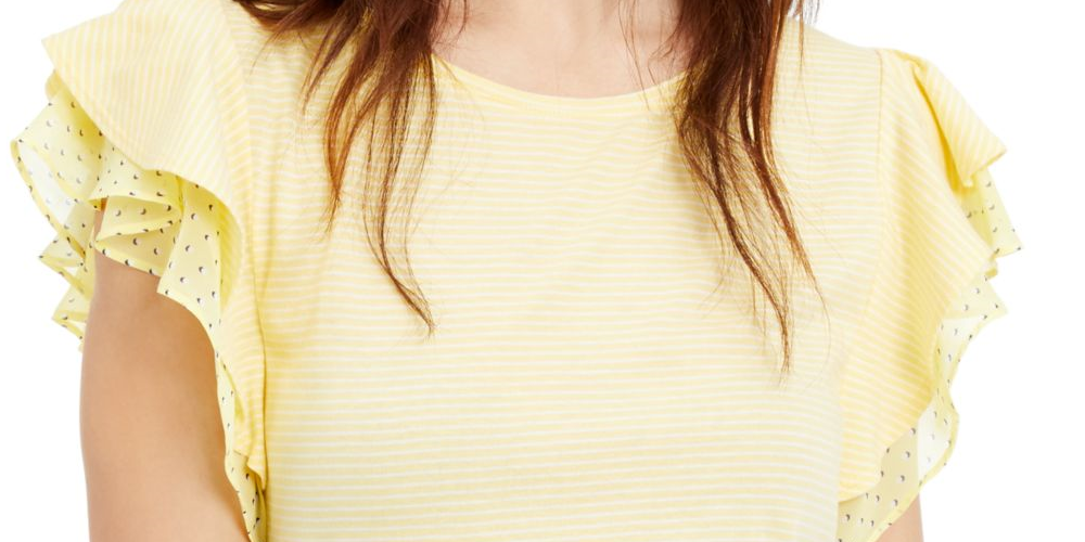 Camiseta feminina listrada com bolinhas Maison Jules, amarela, tamanho grande