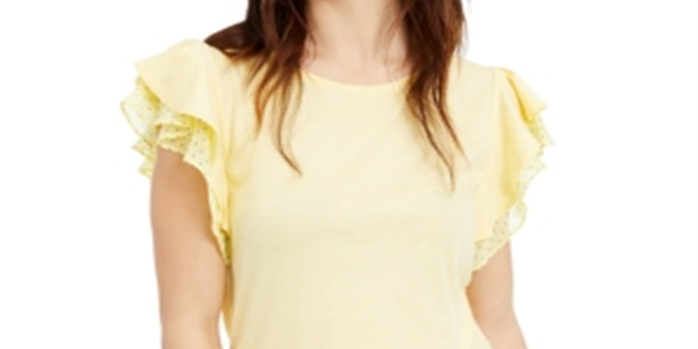 Camiseta feminina listrada com bolinhas Maison Jules, amarela, tamanho grande