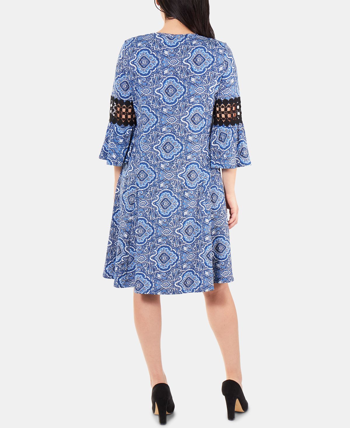 Vestido feminino Ny Collection Petite com acabamento em crochê e manga sino, azul, tamanho Petite M