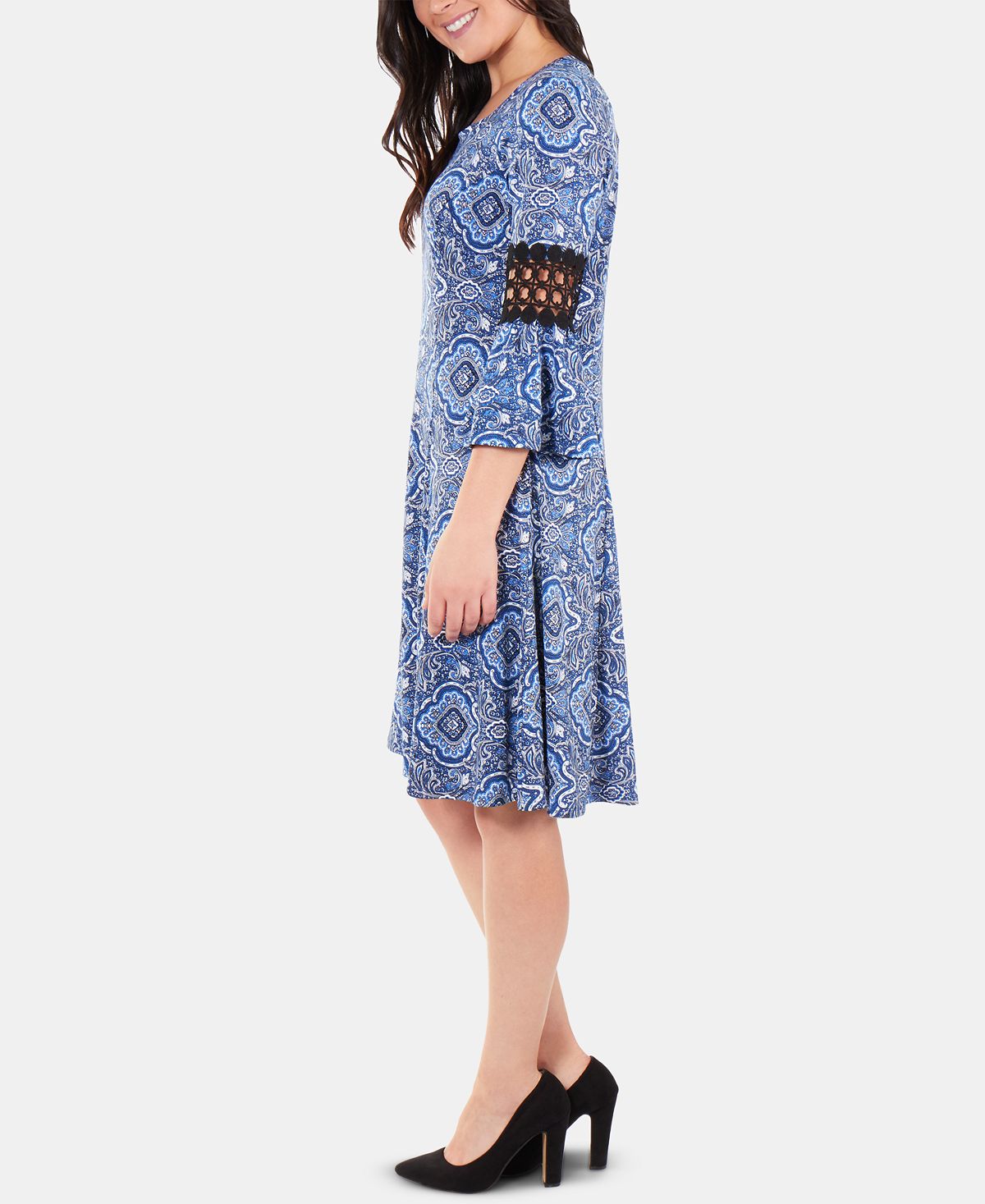 Vestido feminino Ny Collection Petite com acabamento em crochê e manga sino, azul, tamanho Petite M