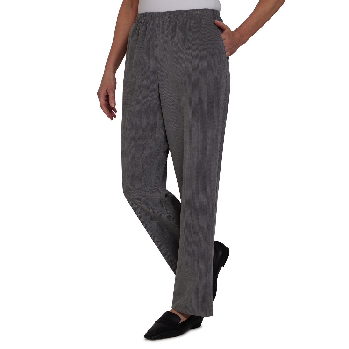 Calça feminina Alfred Dunner Classic Fit Veludo cotelê cinza tamanho 6P