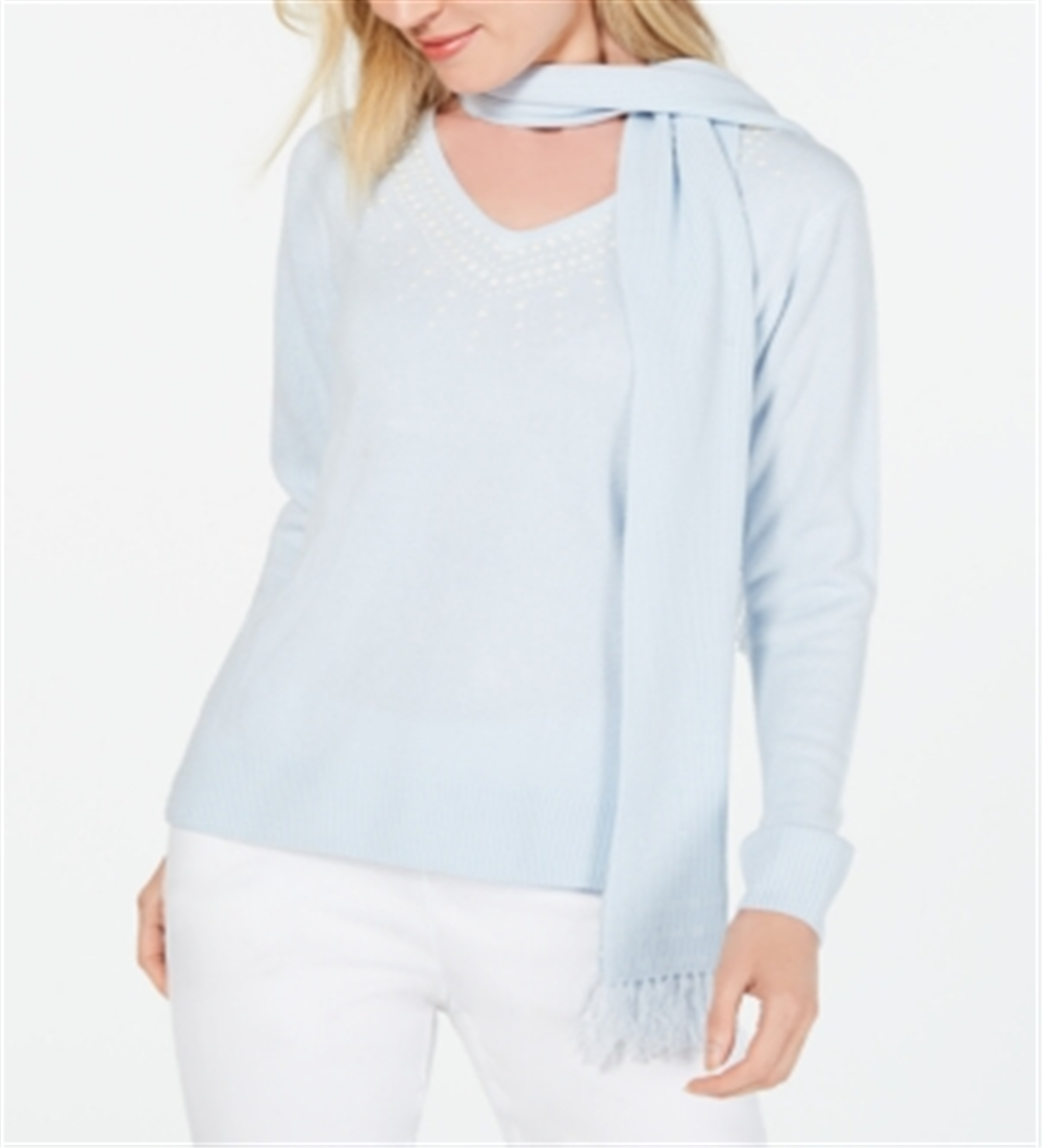 Karen Scott Suéter Feminino Embelezado com Cachecol Azul Tamanho Pequeno Médio