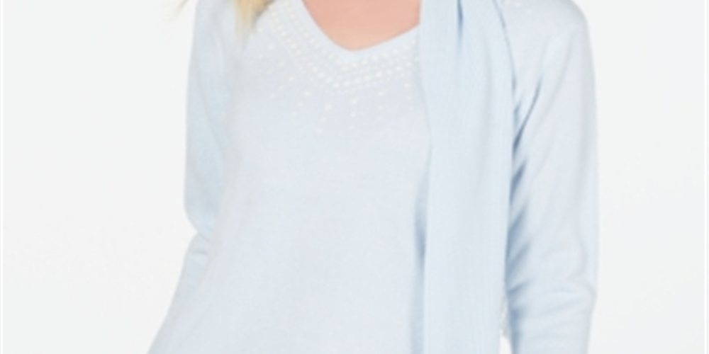 Karen Scott Suéter Feminino Embelezado com Cachecol Azul Tamanho Pequeno Médio