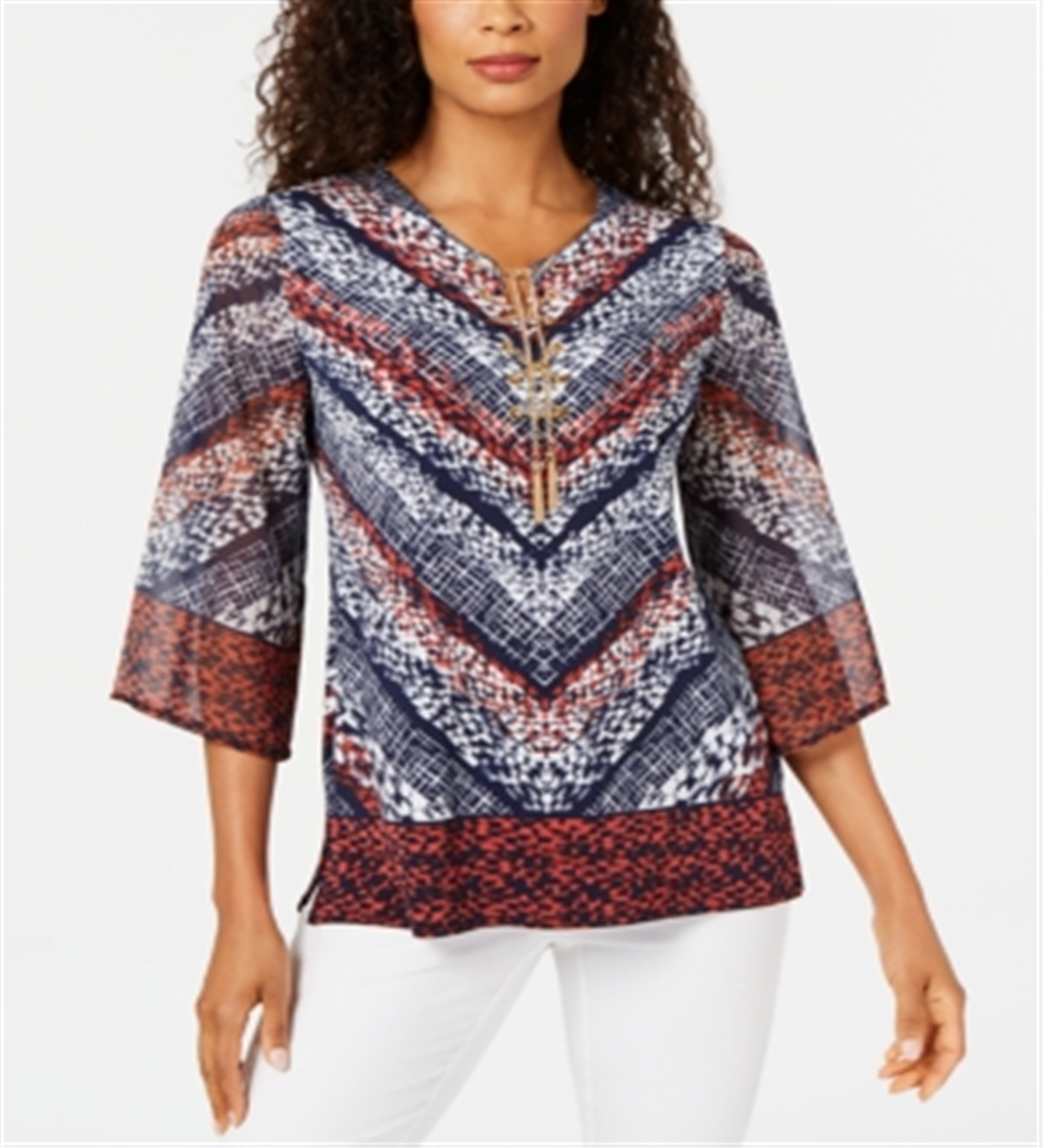 Blusa feminina estampada com decote em corrente, tamanho XL, azul, da coleção JM