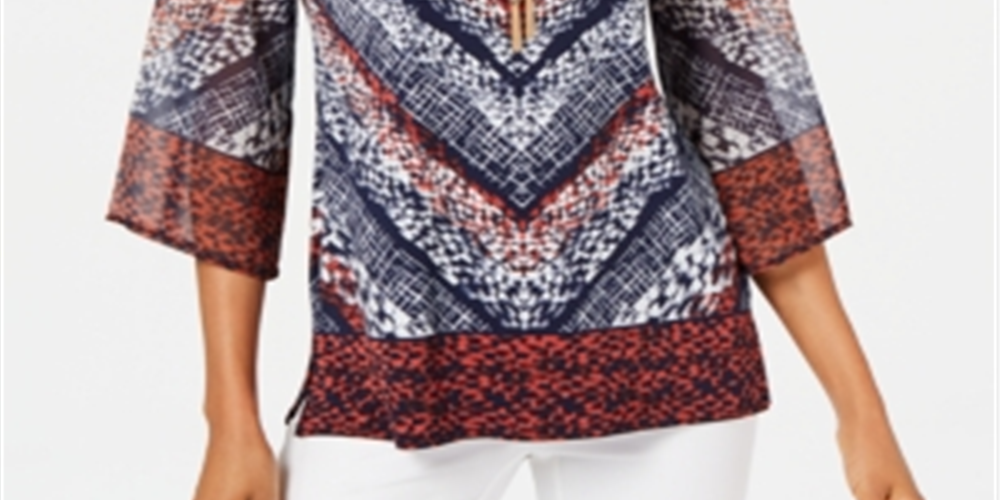 Blusa feminina estampada com decote em corrente, tamanho XL, azul, da coleção JM