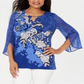 JM Collection Top Feminino com Manga Dividida e Enfeites Azul Tamanho Pequeno