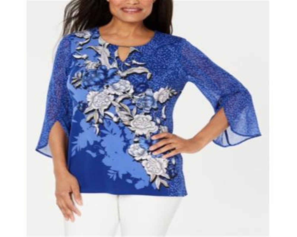 JM Collection Top Feminino com Manga Dividida e Enfeites Azul Tamanho Pequeno