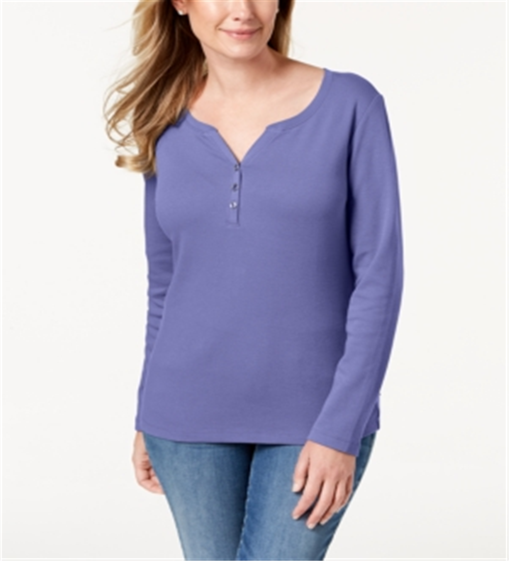 Karen Scott Blusa Feminina de Algodão com Gola Henley Roxa Tamanho Pequeno