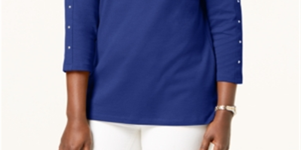 Karen Scott Blusa feminina de algodão com decote canoa e tachas, azul, tamanho pequeno