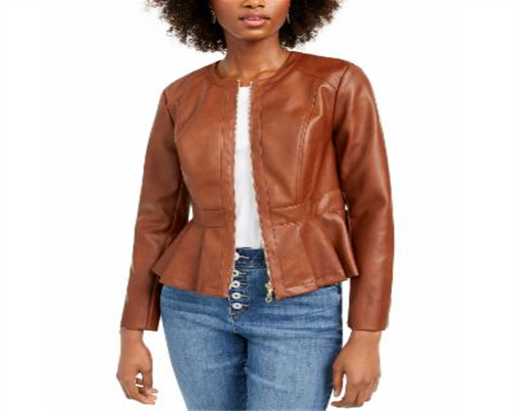 Jaqueta peplum feminina de couro sintético INC International Concepts marrom tamanho pequeno G
