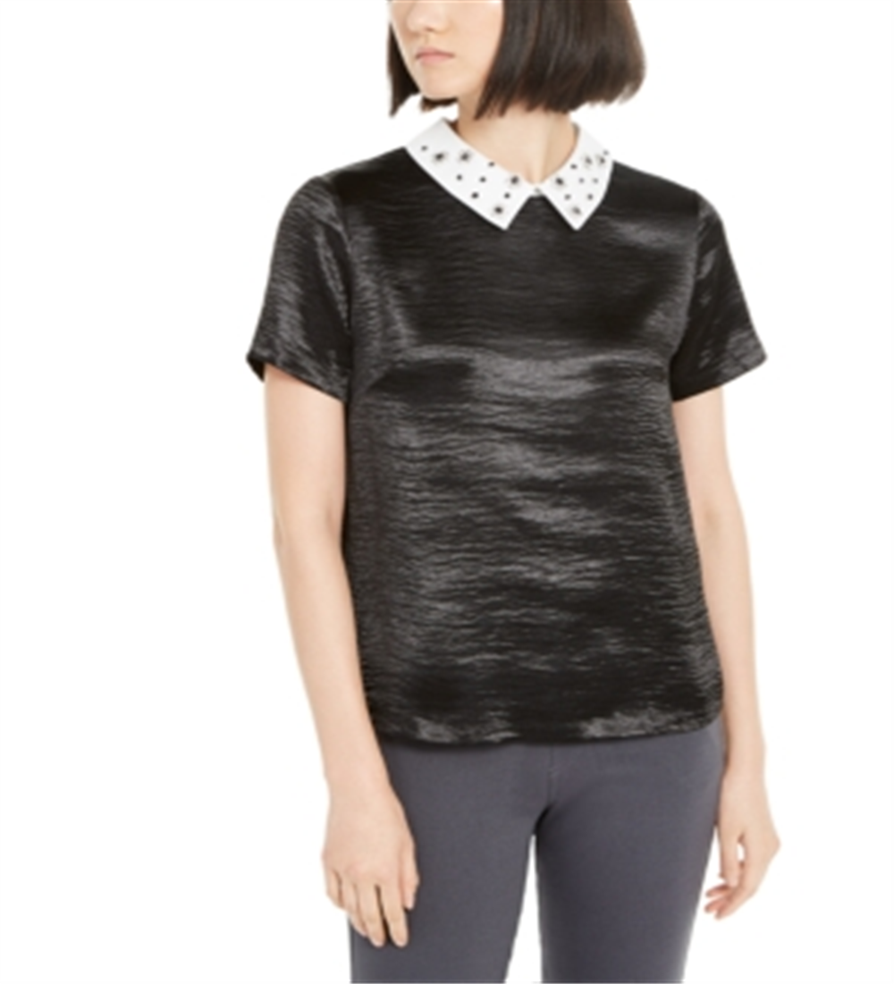 Top feminino Monteau com gola de strass, preto, tamanho extragrande