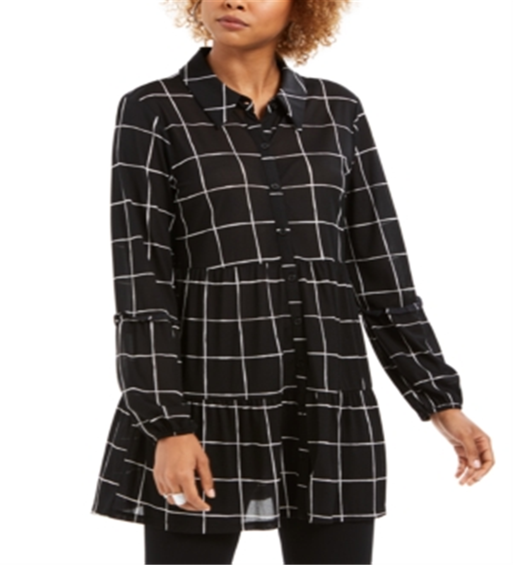 Camisa de malha com estampa de janela e painéis feminina Style &amp; Co, preta, tamanho médio