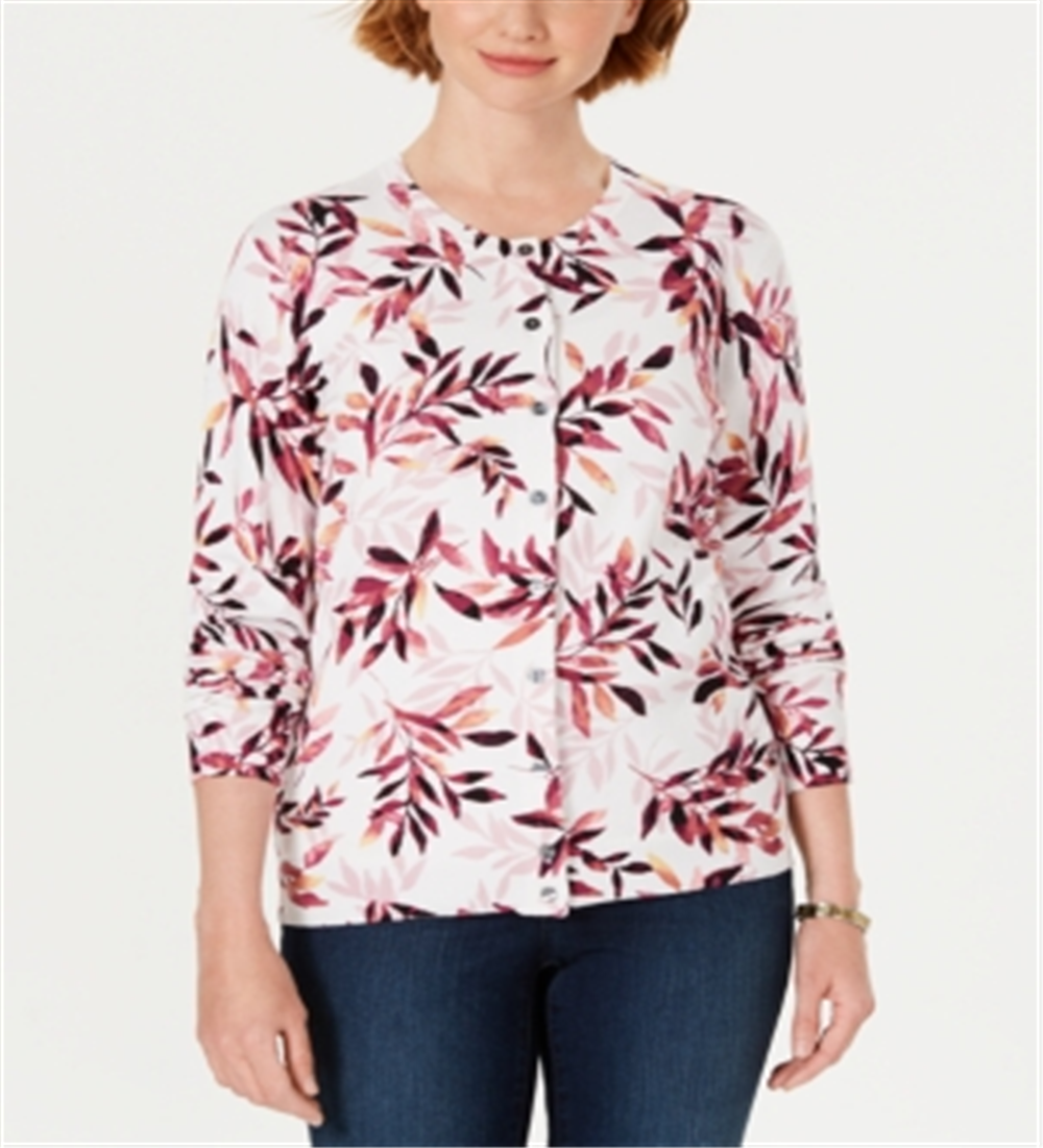 Karen Scott Cardigan Feminino Petite com Estampa de Folhas Branco Tamanho Petite S