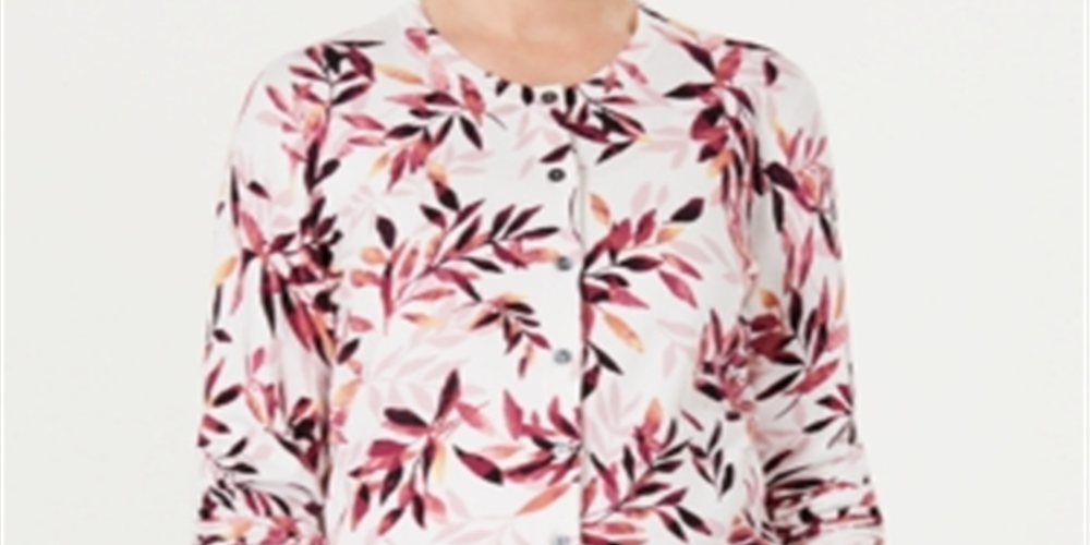 Karen Scott Cardigan Feminino Petite com Estampa de Folhas Branco Tamanho Petite S