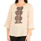 Blusa peplum feminina NY Collection com painel de renda e manga 3/4, marrom, tamanho médio