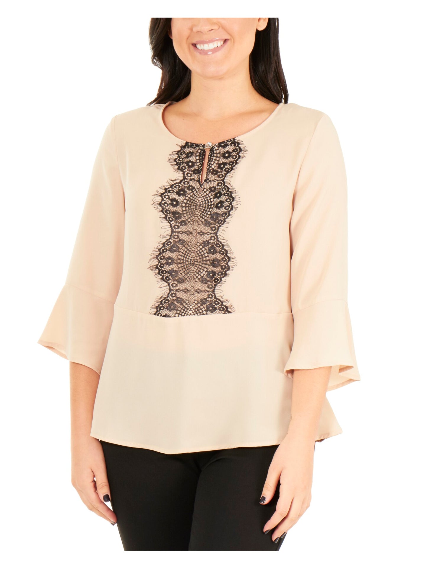 Blusa peplum feminina NY Collection com painel de renda e manga 3/4, marrom, tamanho médio