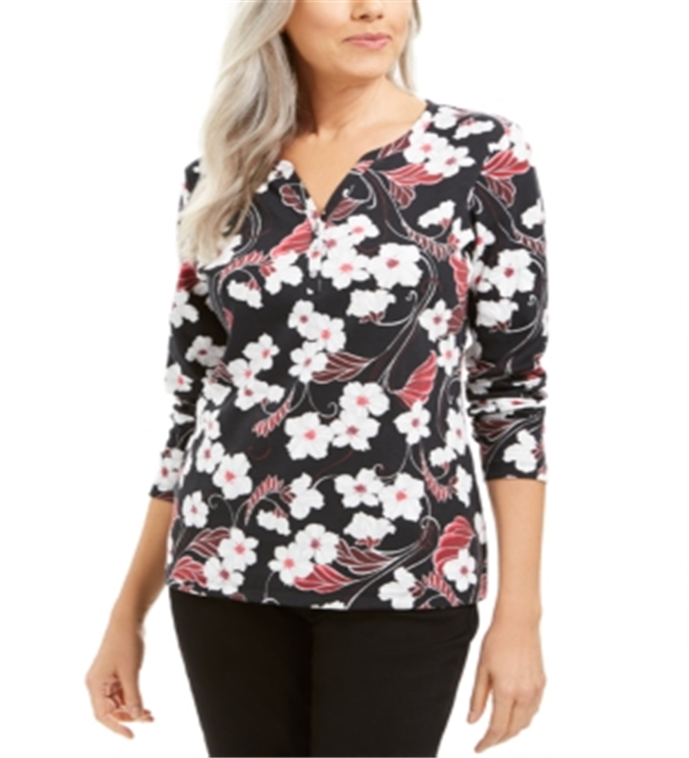 Karen Scott Glitter Vines Henley Top Feminino Preto Tamanho X-S