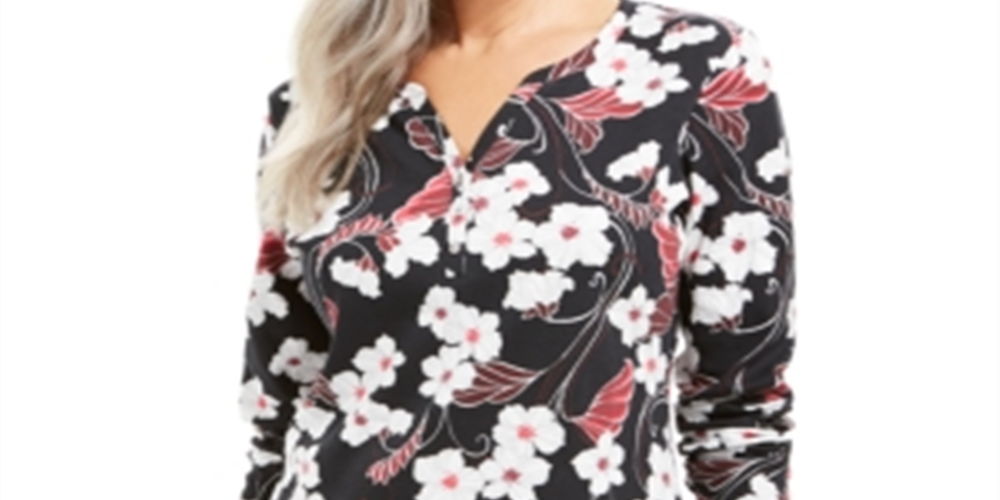 Karen Scott Glitter Vines Henley Top Feminino Preto Tamanho X-S