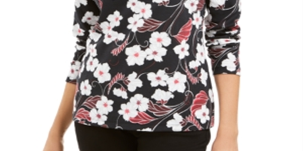 Karen Scott Glitter Vines Henley Top Feminino Preto Tamanho X-S