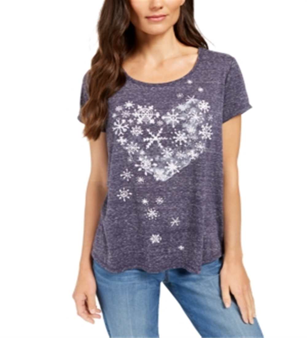 Camiseta feminina com estampa gráfica de floco de neve e coração da Style &amp; Co, azul, tamanho PP