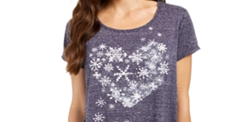 Camiseta feminina com estampa gráfica de floco de neve e coração da Style &amp; Co, azul, tamanho PP