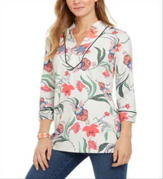 Túnica feminina de malha com manga 3/4 e estampa paisley, tamanho grande, branca, Charter Club