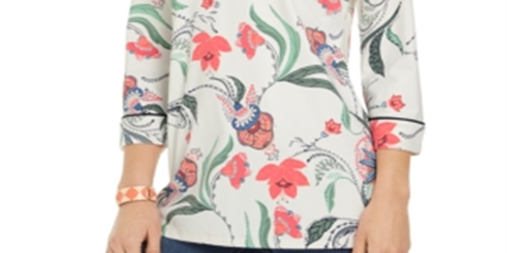 Túnica feminina de malha com manga 3/4 e estampa paisley, tamanho grande, branca, Charter Club