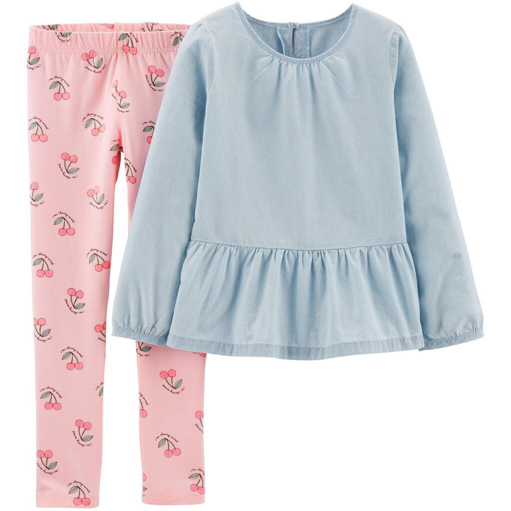 Conjunto de 2 peças de blusa de cambraia e leggings com estampa de cereja Carter's Little &amp; Big Girl, azul, tamanho 8