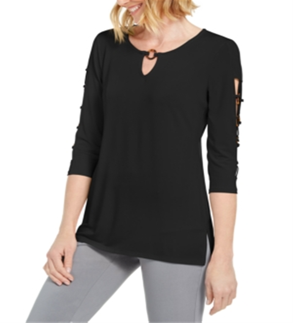 JM Collection Top Feminino com Mangas Escada e Argola em O, Preto, Tamanho Pequeno