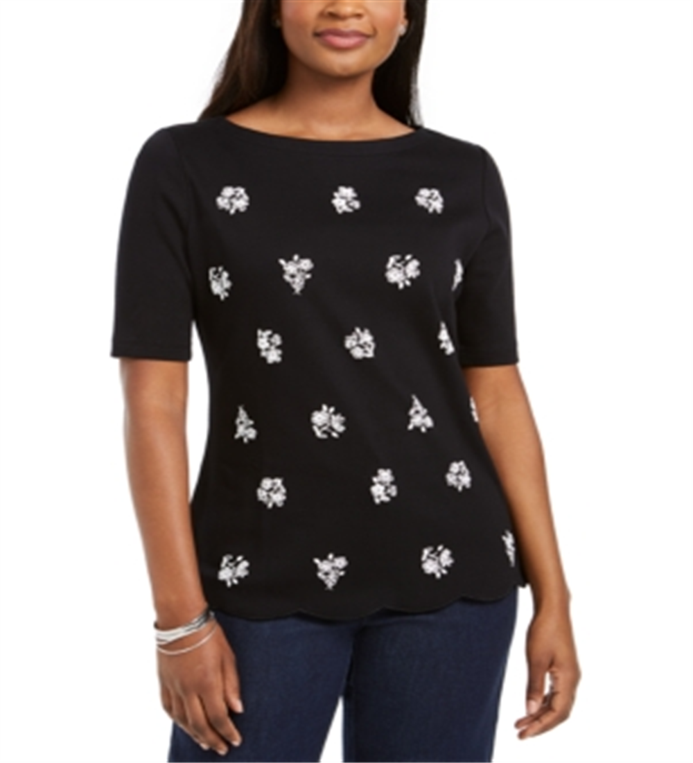 Karen Scott Blusa Feminina Estampada de Algodão com Estampa Recortada, Preta, Tamanho P