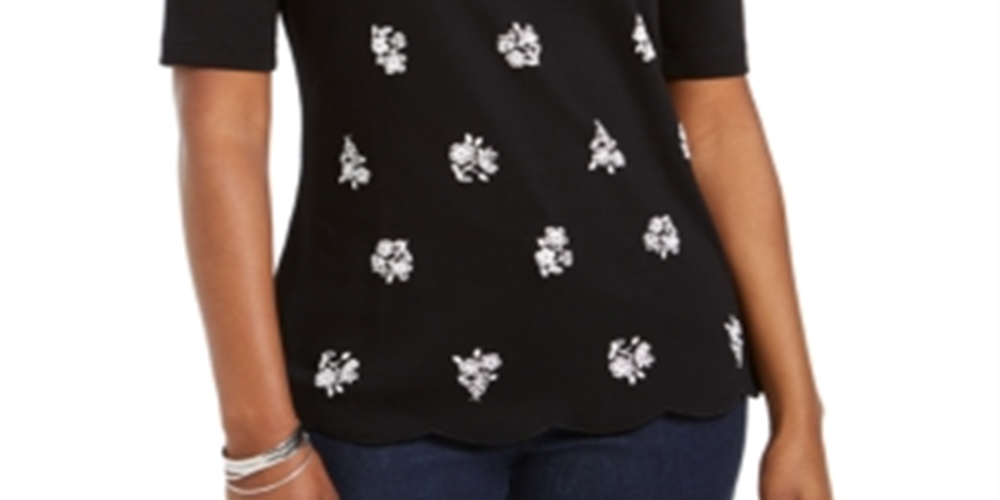 Karen Scott Blusa Feminina Estampada de Algodão com Estampa Recortada, Preta, Tamanho P