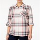 Camisa xadrez feminina de algodão com mangas curtas e abas Style &amp; Co, preta, tamanho pequeno, extragrande