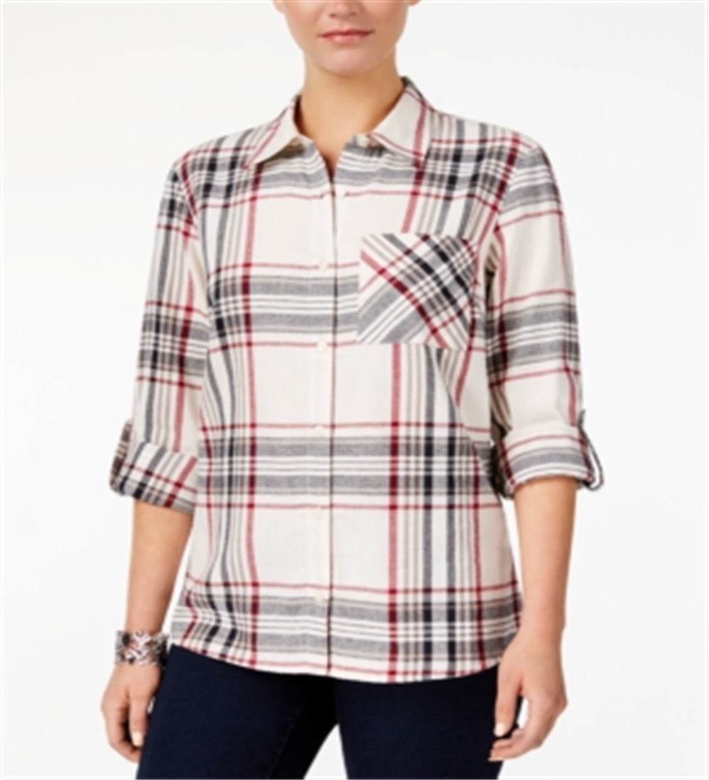 Camisa xadrez feminina de algodão com mangas curtas e abas Style &amp; Co, preta, tamanho pequeno, extragrande