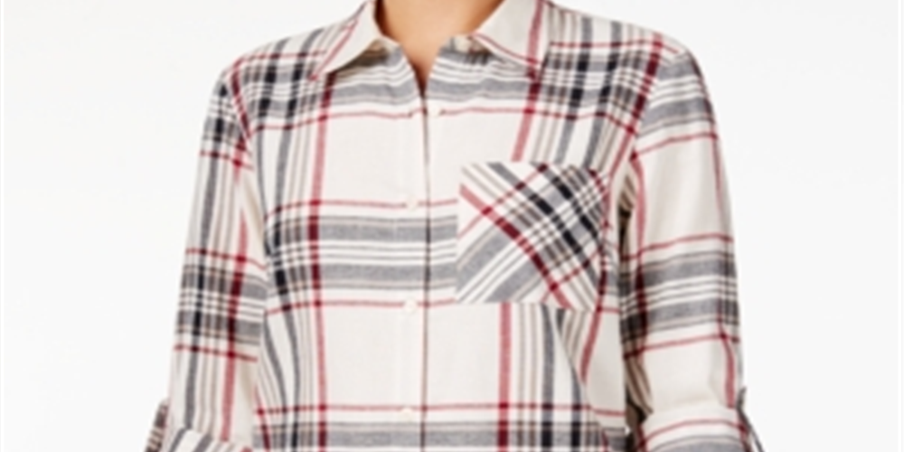 Camisa xadrez feminina de algodão com mangas curtas e abas Style &amp; Co, preta, tamanho pequeno, extragrande