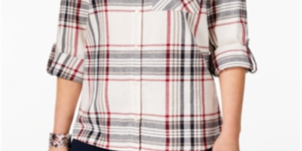 Camisa xadrez feminina de algodão com mangas curtas e abas Style &amp; Co, preta, tamanho pequeno, extragrande
