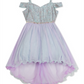 Vestido metálico com ombros descobertos para meninas, edição rara, roxo, tamanho 5