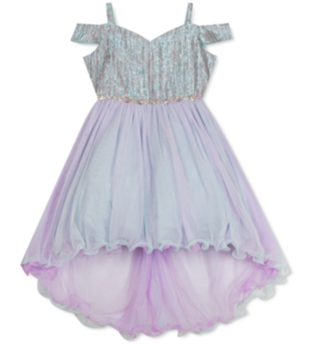 Vestido metálico com ombros descobertos para meninas, edição rara, roxo, tamanho 5
